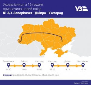 16 грудня “Укрзалізниця” запустить потяг “Запоріжжя-Дніпро-Ужгород”