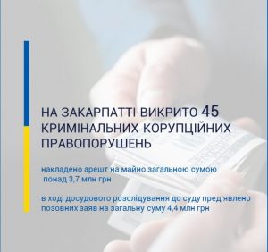 Упродовж першого півріччя 2019 року на Закарпатті викрито 45 кримінальних корупційних правопорушень